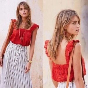 NWOT Sezane Red Abby Eyelet Ruffle Pom Trim Square Neck Top FR 34 / US 2